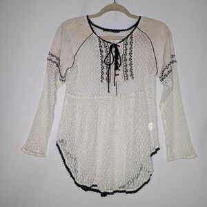 Hazel Anthropologie Womens Cream Beige Mixed Fabrics Witchy Lace Top Size M